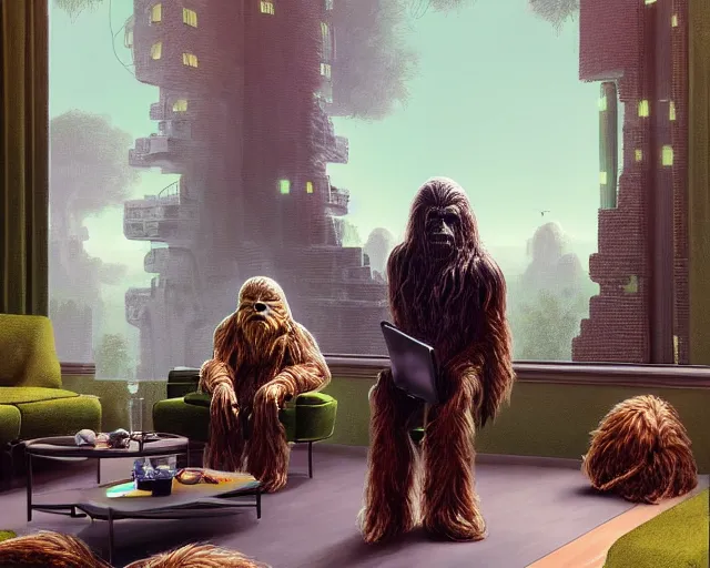 Image similar to wookiee at home trading crypto. the charts are at all time highs, gains, green charts, painting by grant wood and frank frazetta, 3 d rendering by beeple, wlop