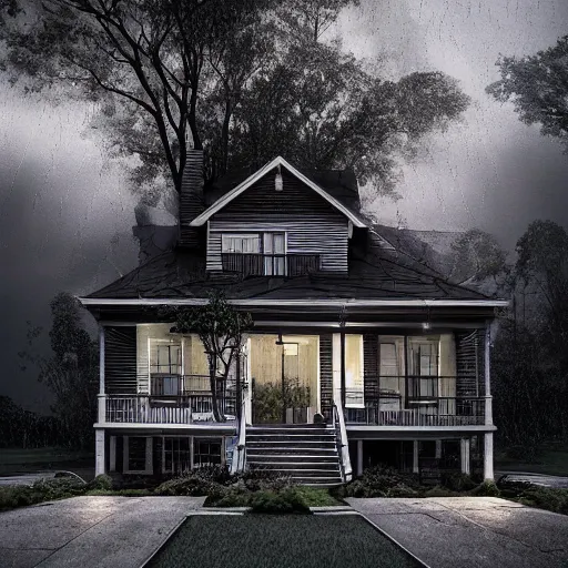 Image similar to Double story suburban house,it is raining, night time , peaceful atmosphere, moody lighting , digital art , highly detailed , high contrast, beautiful lighting, award winning , trending on art station, photorealistic, 8k