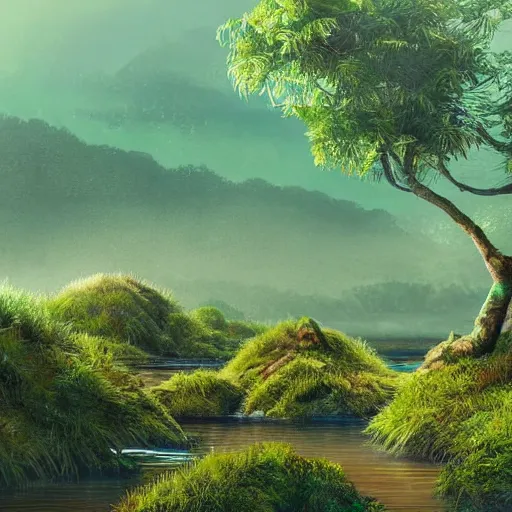 Image similar to watercolor of a lush natural scene on an alien planet by vincent bons. ultra sharp high quality digital render. detailed. beautiful landscape. weird vegetation. water. soft colour scheme. grainy.