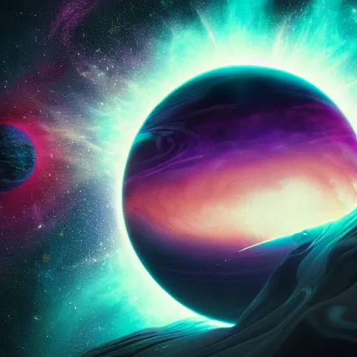 Image similar to a detailed matte painting of a marble - like water planet with continents orbiting a large purple sun in a sea of stars surrounded by colorful swirling gas clouds, by alena aenami, petros afshar and greg rutkowski trending on artstation, deviantart, planet, clouds, earth, exoplanet, stars, nubulae hubble, 8 k, 4 k