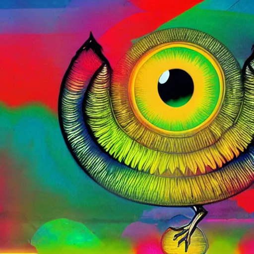 Image similar to front facing bird staring two eyes directly into camera with psychedelic background