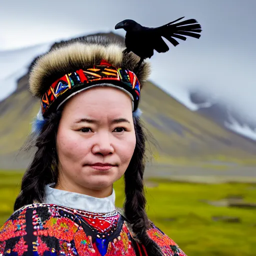 Prompt: ethnographic portraiture photograph of an extremely beautiful!!!! young woman with symmetric face. with a very detailed raven!!! on her shoulder. wearing traditional greenlandic national lcostume. in iceland. petzval lens. shallow depth of field. on flickr, art photography,
