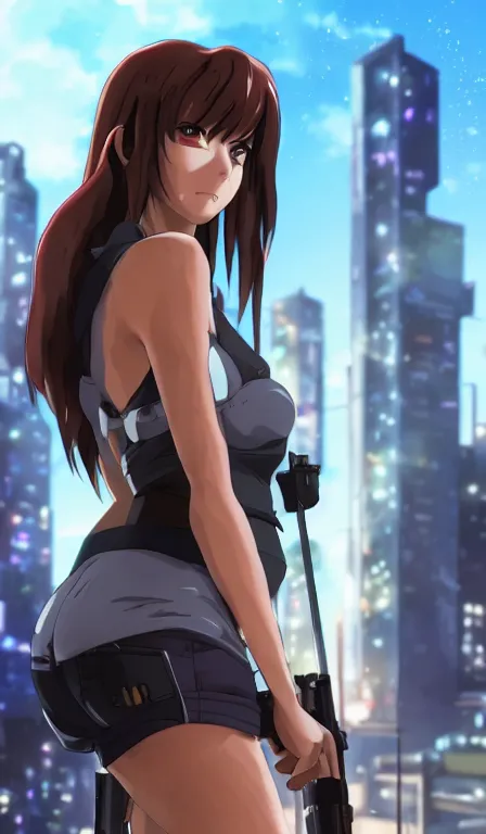 Image similar to anime fine details portrait of Revy in front of cyberpunk moder city landscape on the background deep bokeh, close-up view, anime masterpiece by Studio Ghibli. 8k, sharp high quality anime, artstation