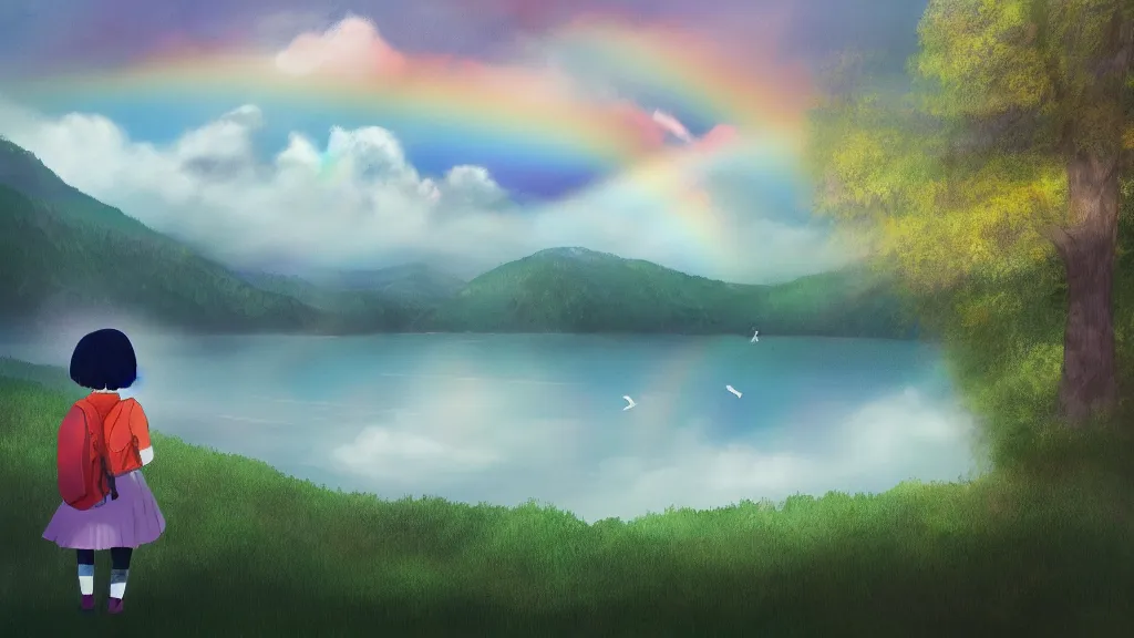 Prompt: A schoolgirl in the natural morning light , rainbow in the sky, blue sky and white clouds, bright daylight passing through the gaps in the leaves leaving shadows on the ground, a shimmering lake in the distance, and foggy mountains in the background，artwork by Kat Tsai.