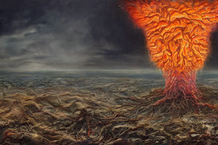 Prompt: a mysterious horrifying scary massive superorganism erupting from the earth, oilpainting, bright, horror art, cinematic shot, wide angle, surrealism, dystopian, mechanisms, body horror, cultlike