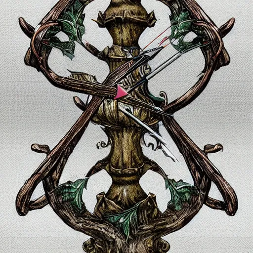 Image similar to rococo bow and arrows weapon, arrows, fantasy game style art