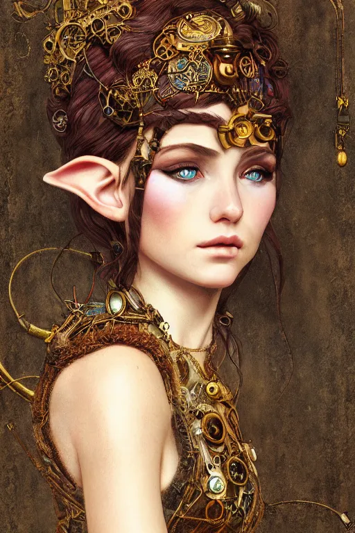 Image similar to portrait of beautiful young elf girl, steampunk, highly detailed, artstation, illustration, art by Gustav Klimt