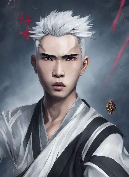 Image similar to a highly detailed illustration of fierce short white haired parted through the middle young attractive asian man, wearing hakama, with black sclera eyes, heroically battle posing, intricate, elegant, highly detailed, centered, digital painting, artstation, concept art, smooth, sharp focus, league of legends concept art, WLOP