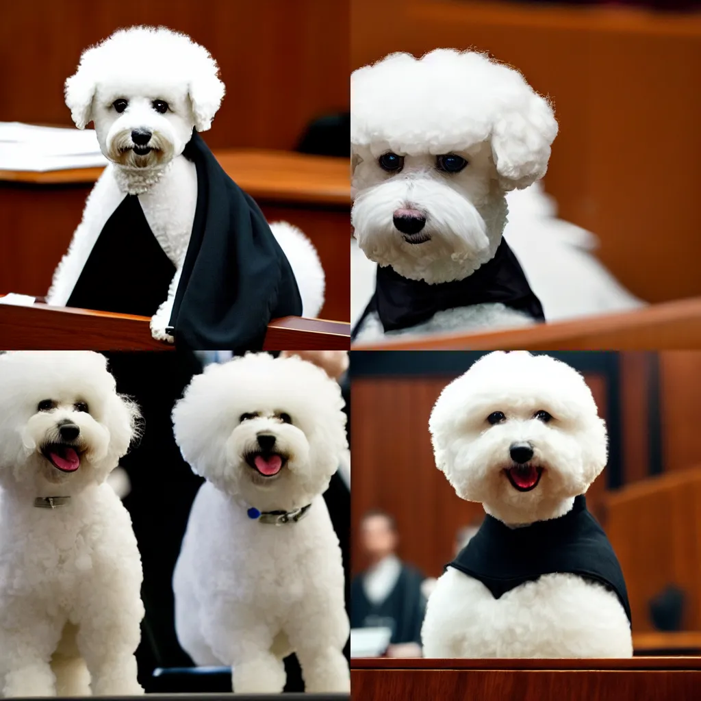 Image similar to a closeup photorealistic photograph of a cute smiling white bichon frise judge wearing a black gown and speaking to the courtroom. this 4 k hd image is trending on artstation, featured on behance, well - rendered, extra crisp, features intricate detail, epic composition and the style of unreal engine.