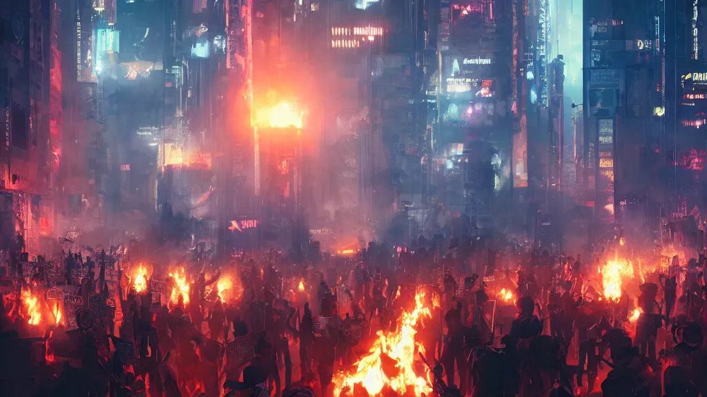 Image similar to angry protesters holding placards, digital illustration by greg rutkowski, fire, android netrunner, nighttime, cyberpunk city backgrounds, colored lighting