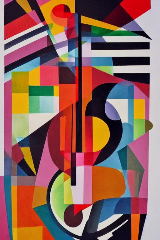 Prompt: guitar, notes, blend geometric architectures shapes, abstract expressionism, essence of street forms, geometric structures in style of sonia delaunay, high detail, symmetry, poster
