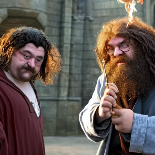 Prompt: harry potter smoking a blunt with hagrid outside hogwarts