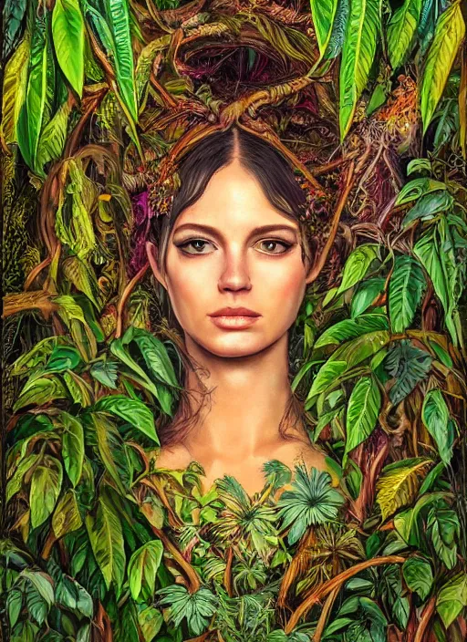Image similar to a beautiful portrait of a beautiful woman surrounded by leaves of jungle plants, ayahuasca, spiritual, high detail painting, fantasy art, highly detailed, realistic face