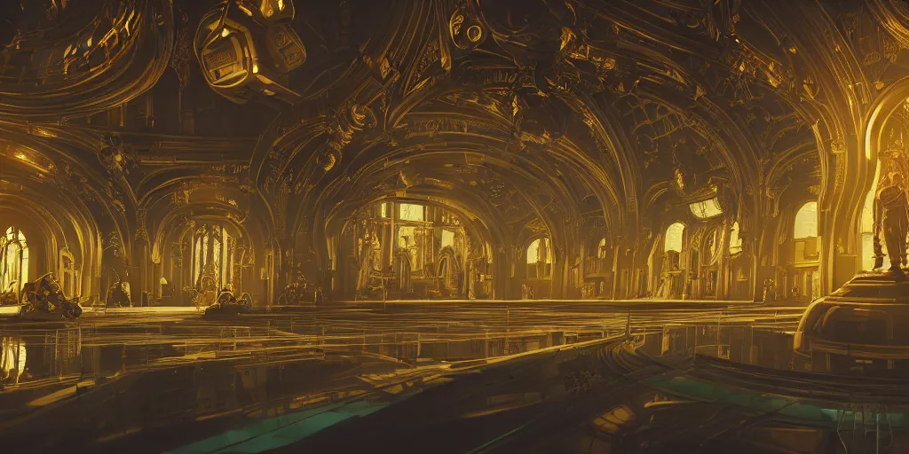 Image similar to cel shaded cinematic shot of the interior of a sci-fi space station with ornate architecture with a giant golden statue in the middle, bustling with people and flying cars, epic castle, gothic architecture, emerald, crystalline, detailed illustration, sharp focus, concept art, unreal engine, octane render, god rays