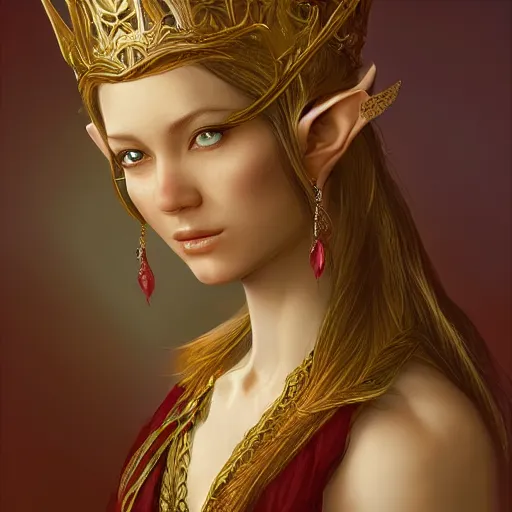 Image similar to a portrait of a young beautiful elven queen, fair complexion, rounded contours, positive canthal tilt, golden crown, intricate rococo ornamentation, ruby earings, piercings, WLOP, Craig Mullins