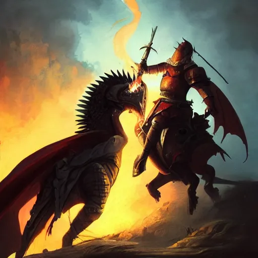 Prompt: painting of a knight shielding himself and his horse from the flames of a terrifying dragon. style of greg rutkowski.