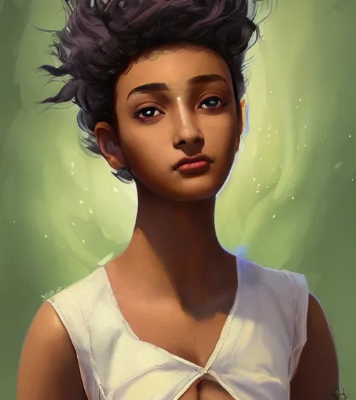 Prompt: character design of anthy himemiya as a college student with black hair, glowing brown skin, delicate features, bollywood starlet, fantasy, small mouth, quiet beauty, intricate, elegant, dress shirt, highly detailed, digital painting, artstation, concept art, smooth, sharp focus, illustration, art by Krenz Cushart and Artem Demura and alphonse mucha