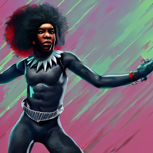 Image similar to incredibly detailed picture of revolutionary tarika lewis black panther, powerful stance, 7 0's protest movement aesthetic, cmyk, by philip bond, vray render, fineline detail, cinematic quality