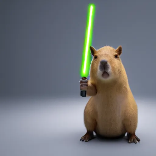 Prompt: A Realistic capybara posing with a glowing Jedi light saber in a well lit white room, 4k Photograph