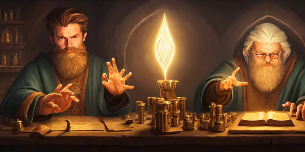 Image similar to a handsome bearded white male wizard with brown hair he is casting a spell emanating from his hands, he is in a alchemist workshop filled with beakers and equipment, neutral hand pose, sharp focus, waist up, 4 k, by greg rutkowski, rudy siswanto and anna podedworna