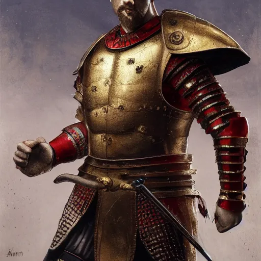 Image similar to Sam Hyde as a Roman warrior wearing gold and red armor, elegant suit, looking at bloody fist, portrait art by James Jean, highly detailed, digital painting, concept art, illustration, dim lighting with twilight rays of sunlight, trending on artstation, very detailed, smooth, sharp focus, octane render, close up