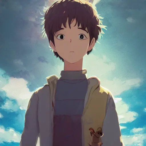 Prompt: friendly guy and small creature , with Fragile looking character portrait face made by Studio Ghibli highly detailed art, beautiful scene, sharp focus, smooth, 8k, anime art, wild, dark, fantasy, peaceful