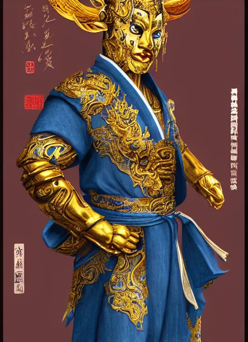 Image similar to full body portrait of a male daoshi with metallic skin wearing a blue daopao by wlop, wuxia, xianxia, daoshi, taoist priest, taoist master, gold metallic skin, blue daopao, blue taoist robe, realistic, anatomically accurate, fantasy illustration, artstation, wlop, 4 k.