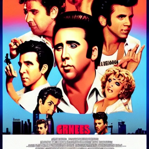 Image similar to a film poster of grease with Nicolas cage, realism, film grain