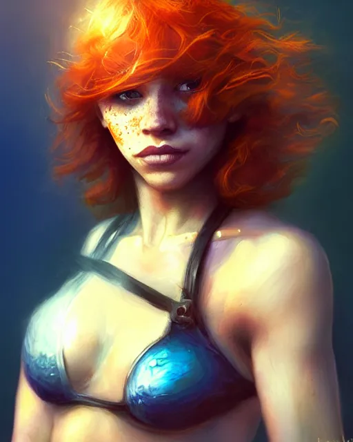 Prompt: female thief, perfect face, magic, halter top, ginger hair, abs, cinematic, freckles, stunning, adorable, cute, athletic, strong, agile, highly detailed, psychedelic, digital painting, artstation, smooth, hard focus, illustration, art by jessica rossier and and brian froud