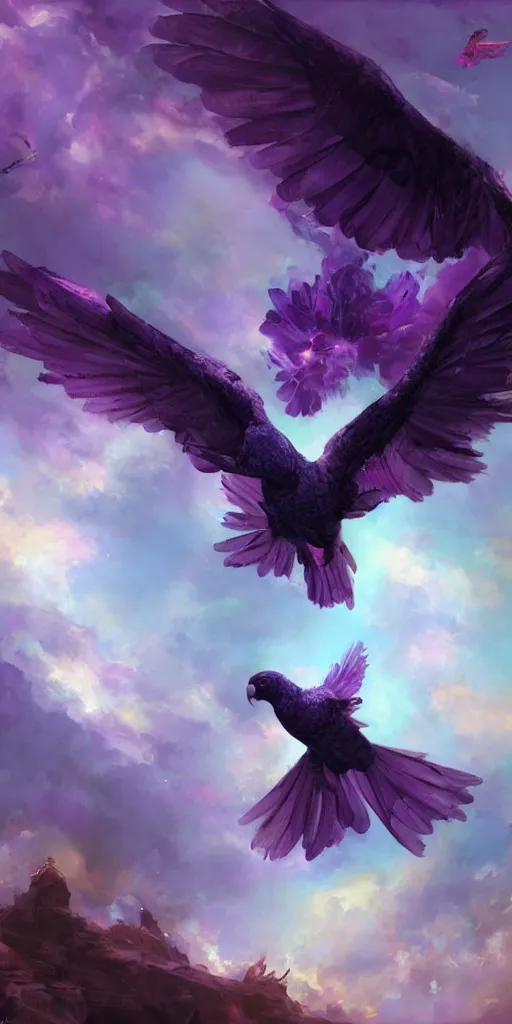 Image similar to a painting of a purple parrot flying through the sky, poster art by raymond swanland, deviantart, fantasy art, christian, deviantart, mystical