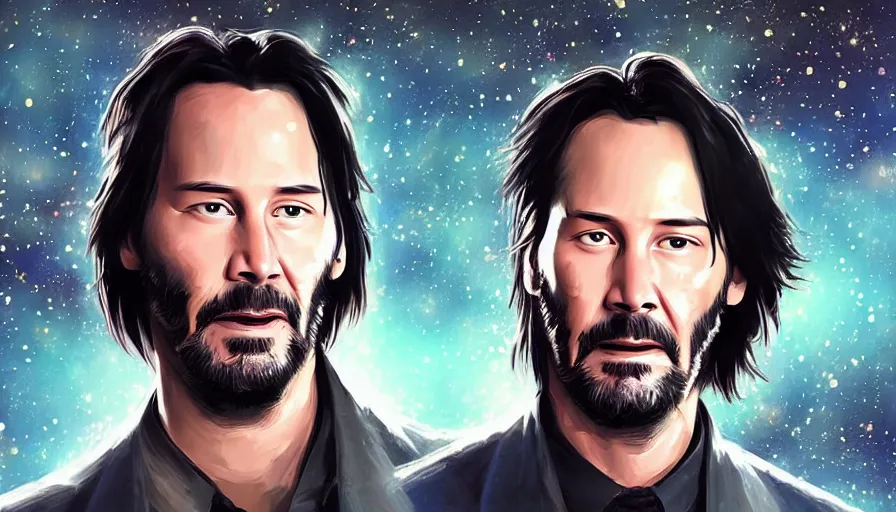 Prompt: Keanu reeves floating in space with a distressed look on his face, digital art, artstation, artgem