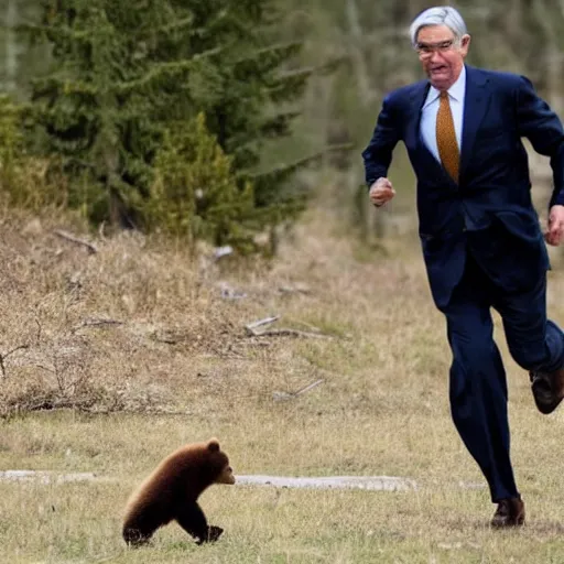 Prompt: Jerome Powell running from a bear