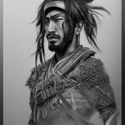 Image similar to Kurdish samurai, detailed charcoal sketch, realistic, incredibly detailed, award winning art, cinematic, extremely high detail, concept art, 4k fantasy art, trending on artstation, full body shot