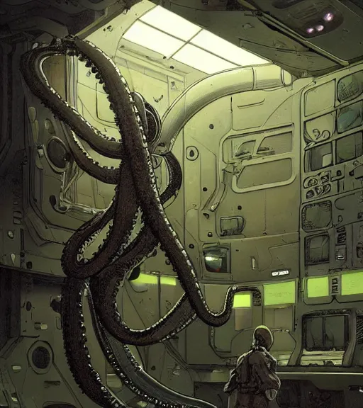 Image similar to a cybernetic realistic octopus in a space station, techwear, Industrial Scifi, detailed illustration, character portrait, by Ashley Wood and Moebius