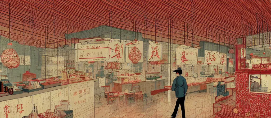 Image similar to a beautiful simple 4 k hd wallpaper illustration of interior view display of the corner of roasted string hotpot shop, simple style, from china, with merchant logo, simple structure, surrealistic, chinese style, victo ngai, james jean, denoise, deblurring