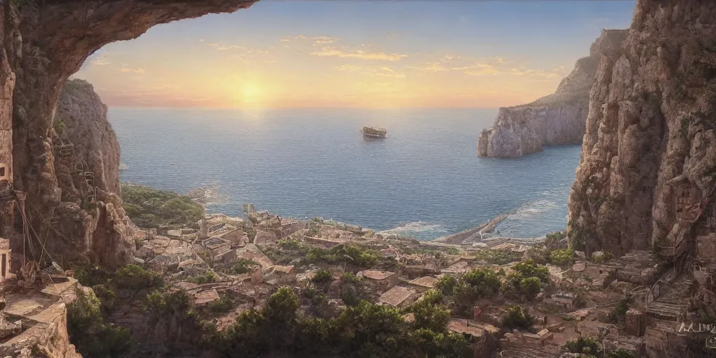 Image similar to looking out a house window on a cliff, fishing supplies on shelf near window, wide angle, sunset, a mediterranean phoenician fishing village below, over a chalk cliff, highly detailed, digital painting, artstation, concept art, sharp focus, illustration, art by artgerm and greg rutkowski and raphael lacoste and magali villeneuve