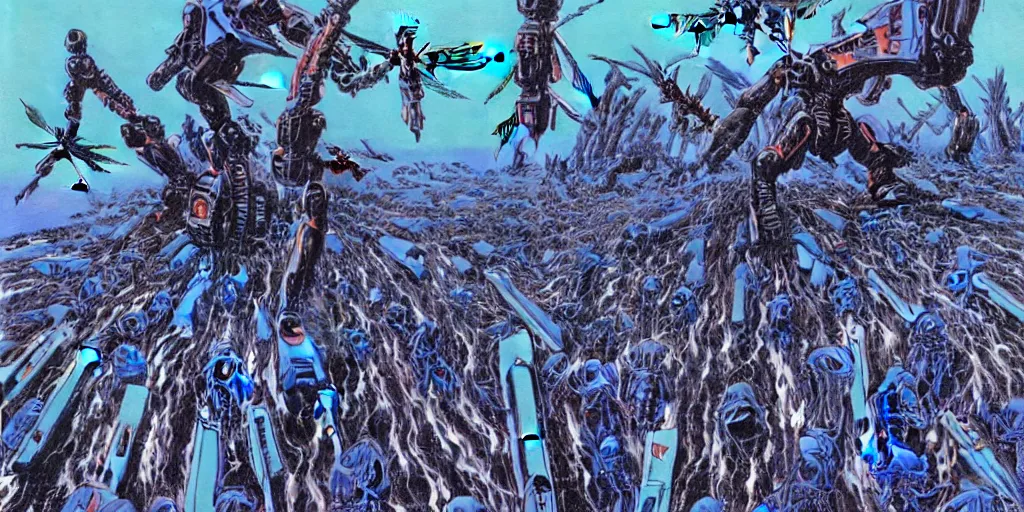 Image similar to risograph rendition of extremely - detailed black gigantic evangelion - like dragonfly mecha with a lot of blue children heads on it, ominous, intricate complexity, dramatic, epic composition, atmospheric, painting by moebius