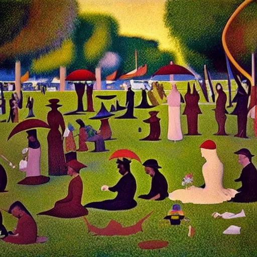 Image similar to a sunday afternoon on the island of la grande jatte, artwork of pedro bell, parliament, funkadelic, george clinton, bootsy collins, the mothership, chocolate city