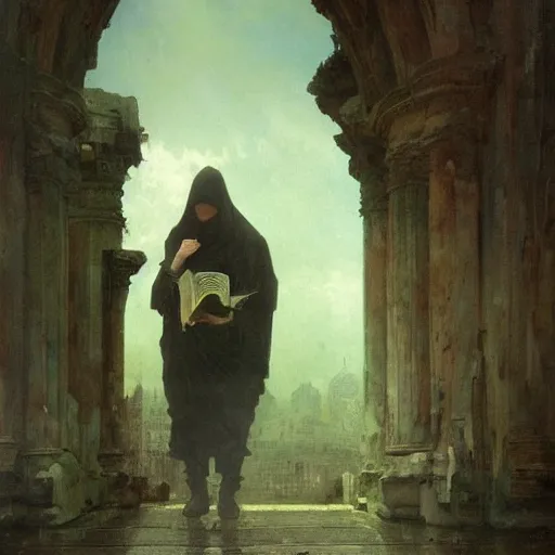 Image similar to half portait of magican wearing a closed cowl holding a big old book! chained!! to his wrist, jeremy mann, jean leon gerome, alphonse mucha, greg rutkowski, hood covers his eyes, ( ( ruins of ancient rome ) ), at dusk, mysterious atmosphere, sunrays, dof, masterpiece, high detailed, 8 k