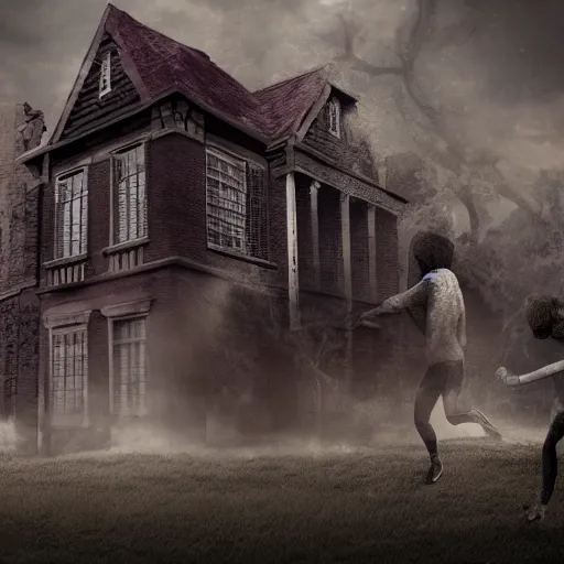 Prompt: An old brick house monster stomping menacingly, people are running away in panic screaming