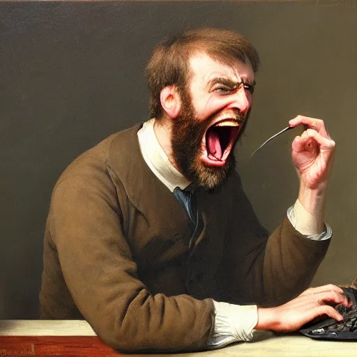 Image similar to an angry man yells at his computer monitor, oil on canvas, 1 8 8 3, highly detailed