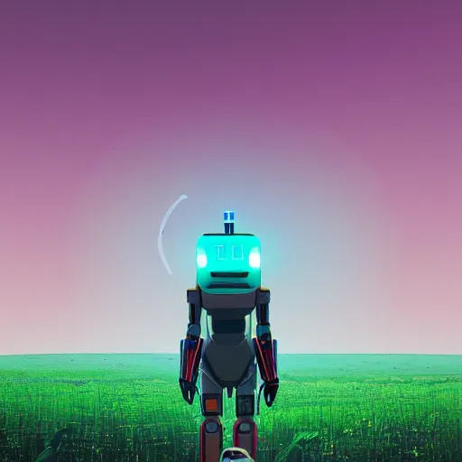 Image similar to a woman walking across a lush green field, a huge robot head in front of her, cyberpunk art by by james gilleard, cgsociety, retrofuturism, synthwave, retrowave, outrun