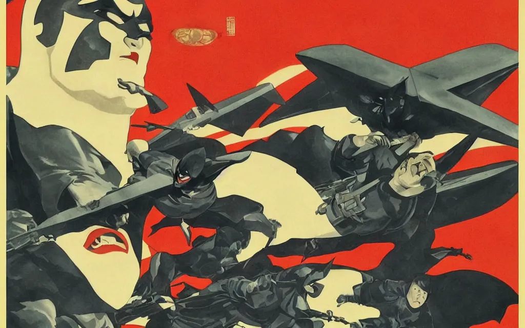 Prompt: batman airplane, in the style of chinese propaganda posters, cold war, propaganda poster, sci - fi illustrations, highly detailed, award - winning, patriotic, chinese, dark, gritty, ink