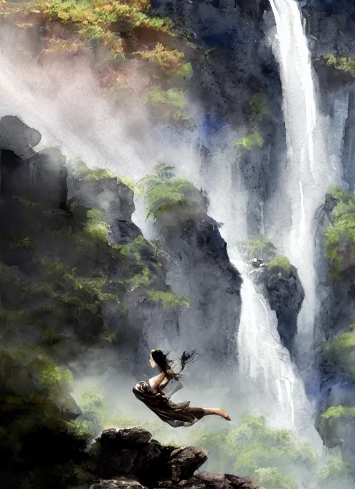 Image similar to portrait, of a flying girl over waterfall, watercolor, dramatic lighting, cinematic, establishing shot, extremely high detail, foto realistic, cinematic lighting, pen and ink, intricate line drawings, by Yoshitaka Amano, Ruan Jia, Kentaro Miura, Artgerm, post processed, concept art, artstation, matte painting, style by eddie mendoza, raphael lacoste, alex ross