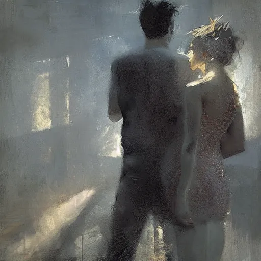 Image similar to contre - jour portrait of a young couple digital art by jeremy mann - triangle composition