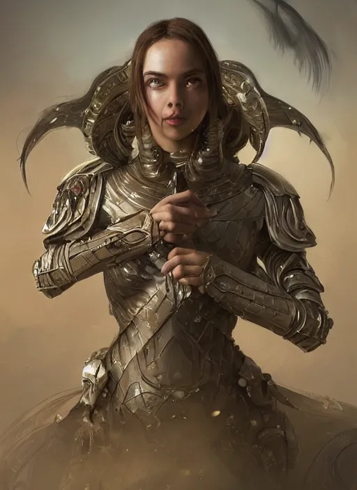 Image similar to a professional portrait of a beautiful young female, clothed in ethereal battle armor, olive skin, long dark hair, beautiful bone structure, symmetrical facial features, intricate, elegant, digital painting, concept art, smooth, sharp focus, finely detailed, illustration, from Valerian and the City of a Thousand Planets, in the style of Ruan Jia and Mandy Jurgens and Artgerm and Greg Rutkowski and William-Adolphe Bouguerea