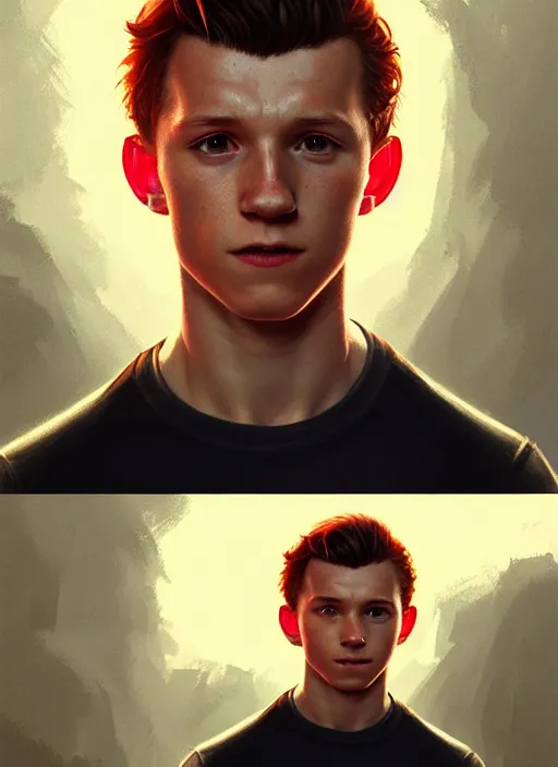 Image similar to portrait of tom holland with hazel eyes, hazel eyes, red shirt, intricate, elegant, glowing lights, highly detailed, digital painting, artstation, concept art, smooth, sharp focus, illustration, art by wlop, mars ravelo and greg rutkowski