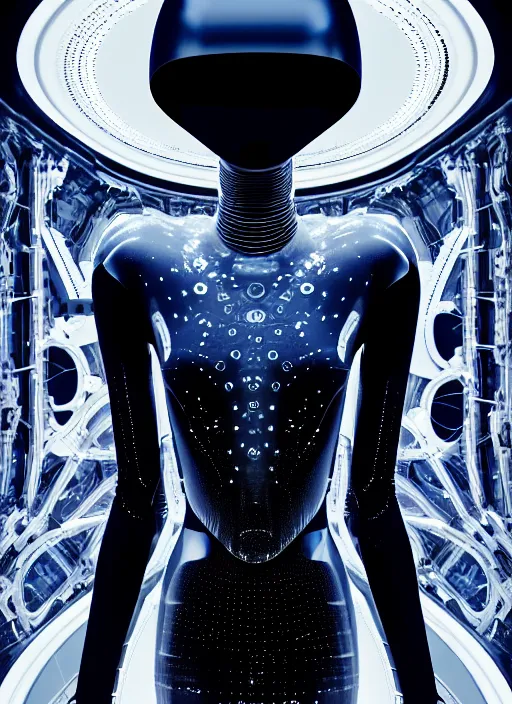 Image similar to background space station, dark inflateble dress iris van herpen positing on floor, elegant helmet instead of a head, perfect symmetrical, full body shot, inflateble shapes, wires, tubes, veins, jellyfish, white biomechanical details, wearing epic bionic implants, masterpiece, intricate, biopunk, vogue, highly detailed, artstation, concept art