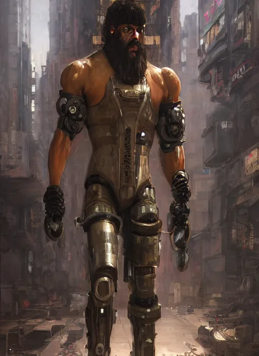 Prompt: weightlifter with super large robot arms. cyberpunk mercenary minion in a military vest ( blade runner 2 0 4 9, cyberpunk 2 0 7 7 ). orientalist portrait by john william waterhouse and james gurney and theodore ralli and nasreddine dinet, oil on canvas. cinematic, hyper realism, realistic proportions, dramatic lighting, high detail 4 k