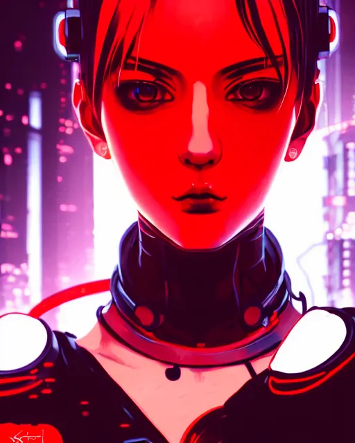 Image similar to a detailed potrait of a cyberpunk cyborg girl with black and red parts, perfect face, realistic shaded perfect face, detailed. night setting. very anime style. realistic shaded lighting poster by ilya kuvshinov katsuhiro, unreal engine, global illumination, radiant light, detailed and intricate environment